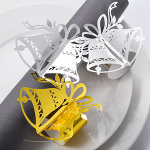 MORGIANA 50 Pieces 3D Christmas Bell Napkin Rings, Disposable Gold Silver Napkin Rings for Weddings Christmas Party Table Decoration
