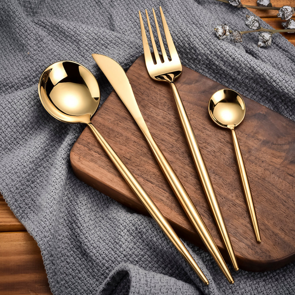 Shiny Pure Gold 8 Pieces Flatware Sets 18/10 Stainless Steel Cutlery Set, Service for 2