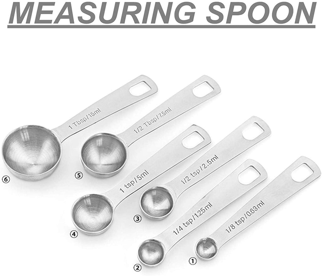 18/8 Stainless Steel Metal Measuring Spoons, Ergonomic Set of 6 for Dry and Liquid Ingredients, Narrow Shape Easily Fits in Spice Jars