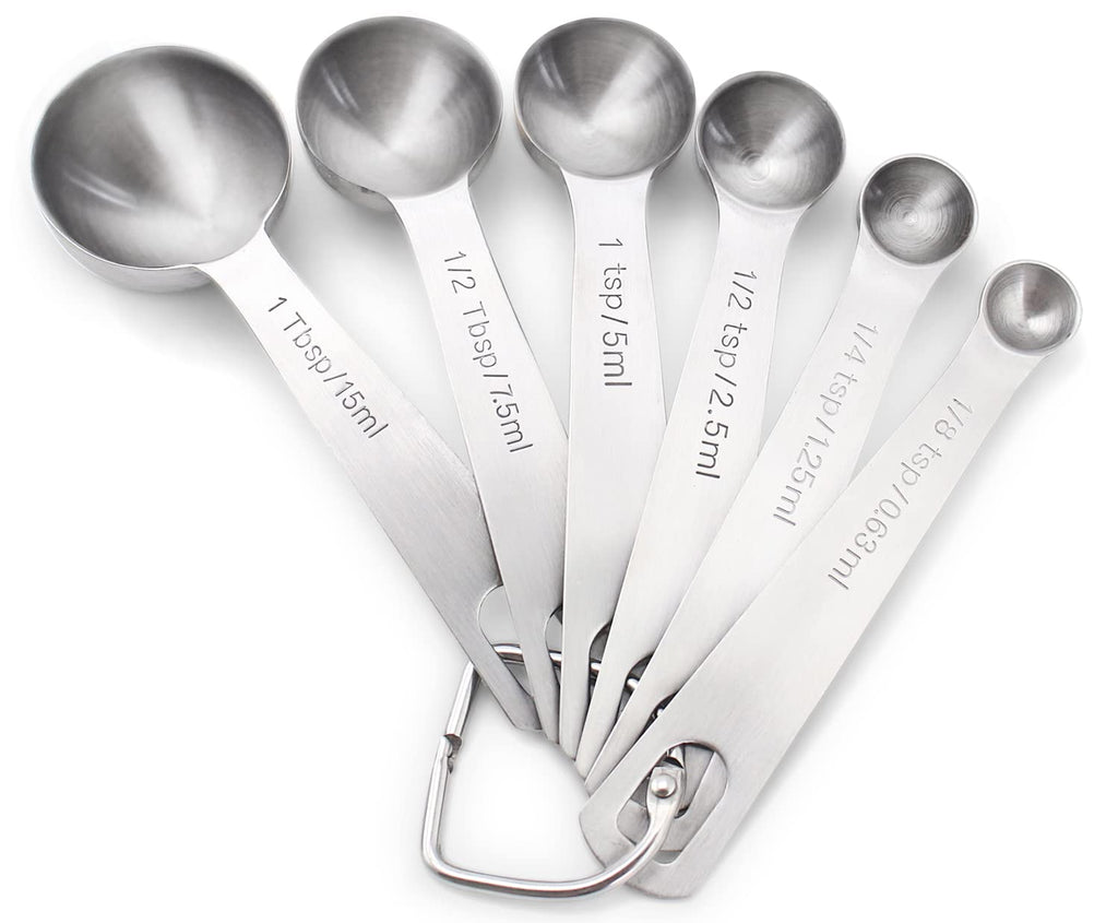 18/8 Stainless Steel Metal Measuring Spoons, Ergonomic Set of 6 for Dry and Liquid Ingredients, Narrow Shape Easily Fits in Spice Jars