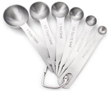 18/8 Stainless Steel Metal Measuring Spoons, Ergonomic Set of 6 for Dry and Liquid Ingredients, Narrow Shape Easily Fits in Spice Jars