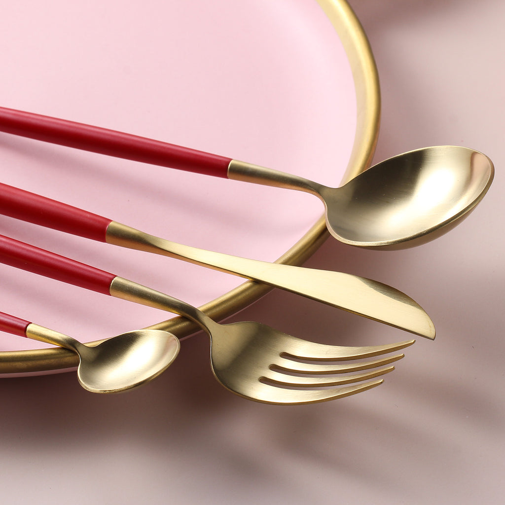 24 Pieces Red and Gold Matt Flatware set 18/11 Stainless Steel Cutlery set