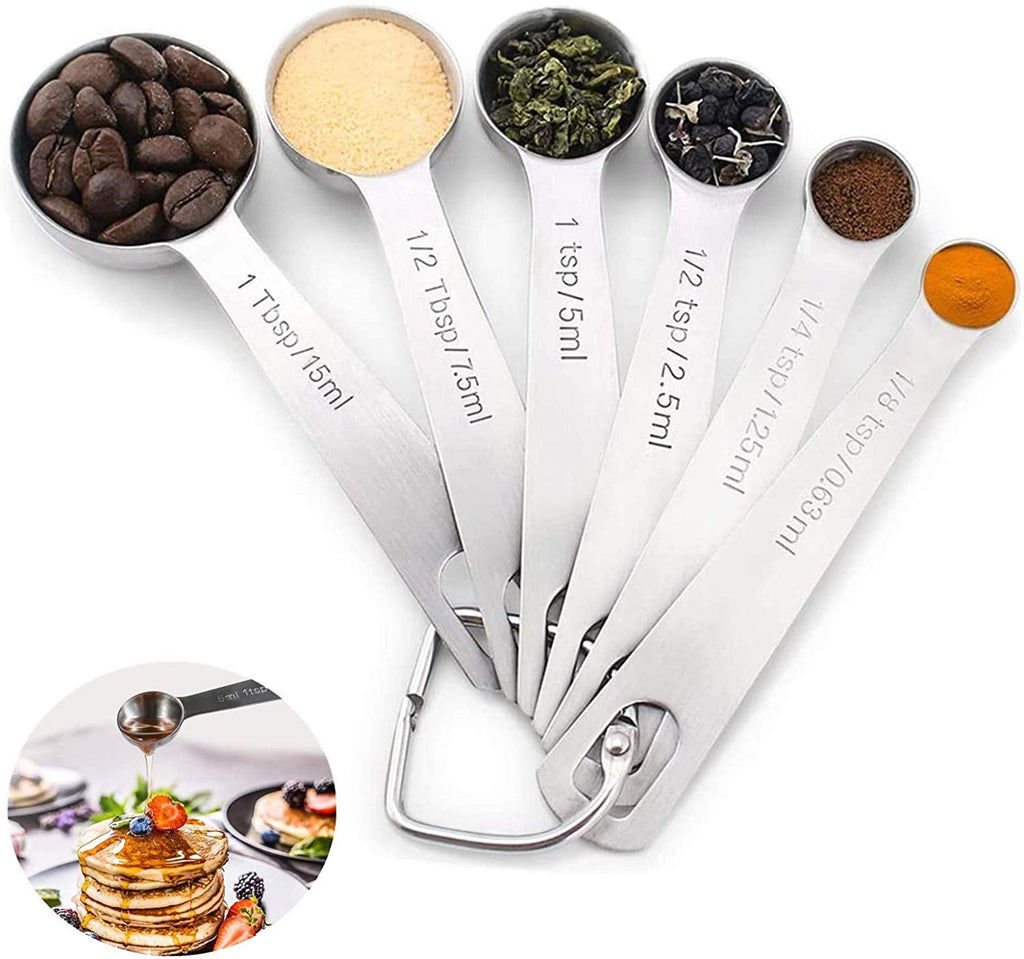 18/8 Stainless Steel Metal Measuring Spoons, Ergonomic Set of 6 for Dry and Liquid Ingredients, Narrow Shape Easily Fits in Spice Jars