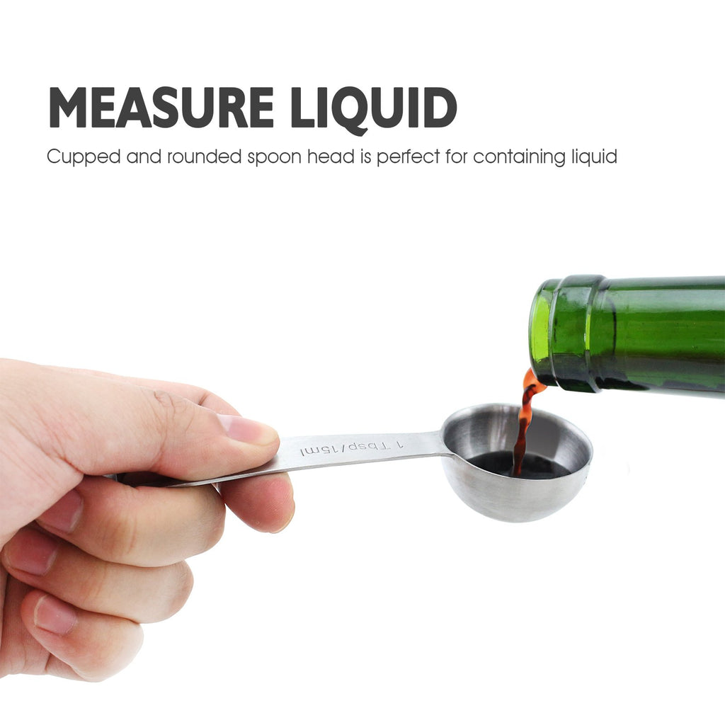18/8 Stainless Steel Metal Measuring Spoons, Ergonomic Set of 6 for Dry and Liquid Ingredients, Narrow Shape Easily Fits in Spice Jars