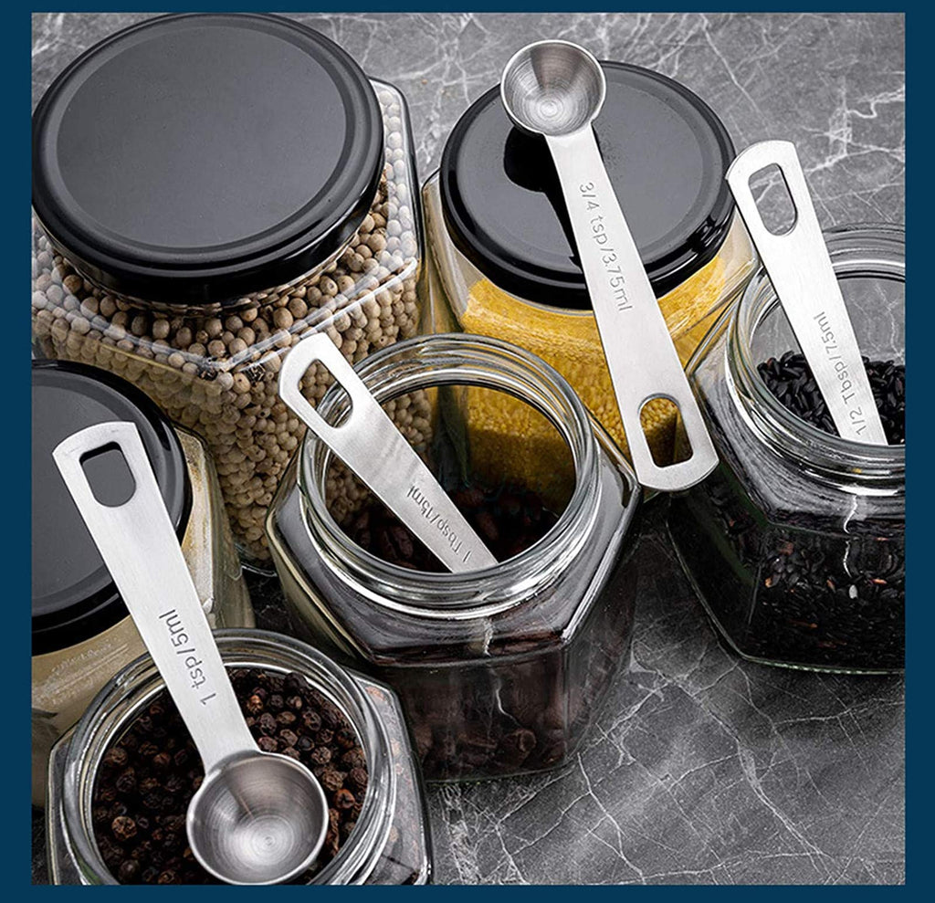 18/8 Stainless Steel Metal Measuring Spoons, Ergonomic Set of 6 for Dry and Liquid Ingredients, Narrow Shape Easily Fits in Spice Jars