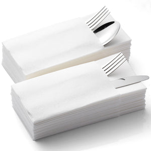 100PCS Disposable White Napkins with Built-in Flatware Pocket, Paper Hand Towel Linen Feel, Pre-folded Paper Airlaid Napkin for Dinner, Wedding, Party