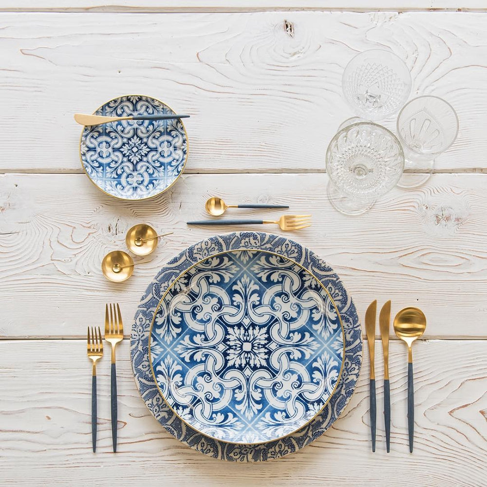 4 Pieces Matt Flatware set 18/11 Stainless Steel Cutlery set Blue and Gold