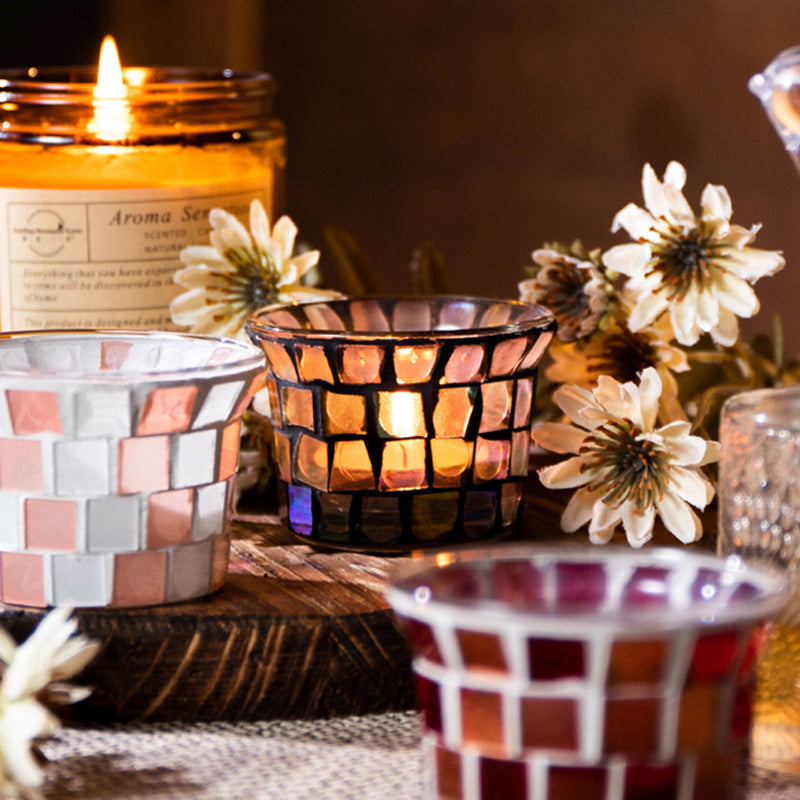 Glass Votive Candle Holders Set of 6, Mosaic Glass Tea Light Holders, Tealight Candle Holder, Candle Holders for Table Home Decor/Party Decoration