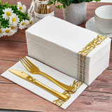 MORGIANA 100PCS Linen Feel White Napkins with Gold Design, Guest Hand Towels, Cloth-like Silver Napkin for Christmas Wedding Party Birthday