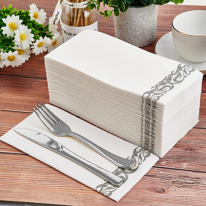 MORGIANA 100PCS Linen Feel White Napkins with Grey Design, Guest Hand Towels, Cloth-like Silver Napkin for Christmas Wedding Party Birthday
