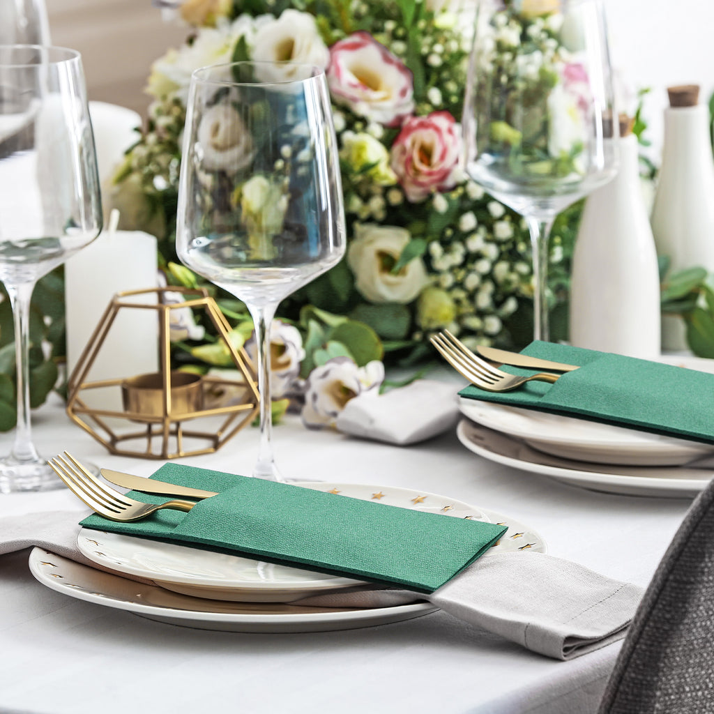 Green Napkins with Built-in Flatware, Disposable Christmas Napkins