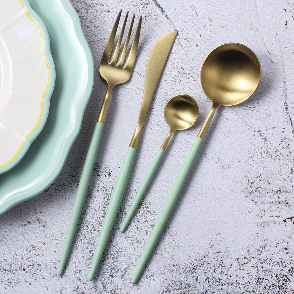 24 Pieces Green and Gold Matt Flatware set 18/11 Stainless Steel Cutlery set