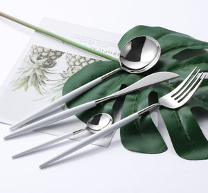 White and Silver 8 Pieces Flatware Sets Shiny 18/10 Stainless Steel Cutlery Set, Service for 2