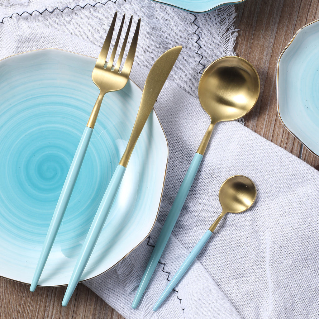 24 Pieces Blue and Gold Matt Flatware set 18/11 Stainless Steel Cutlery set