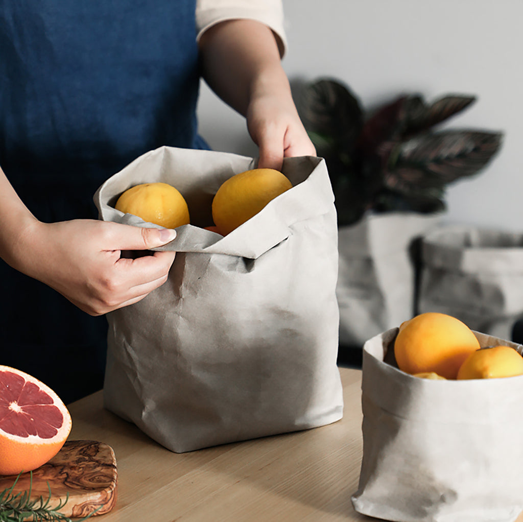 2PCS Washable Kraft Paper Bags Grey Eco-friendly Reusable Paper Bags  Storage Bag for Fruits Bread Vegetables Plants