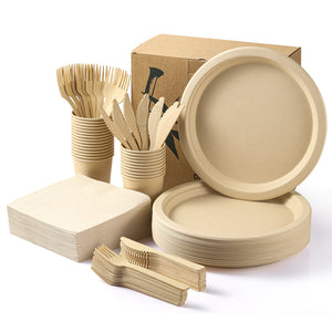 MORGIANA Disposable Tableware Set, Plastic Free Bamboo Plates, Eco Bamboo Paper Plates Cups Forks Napkins, Service for 25 Person