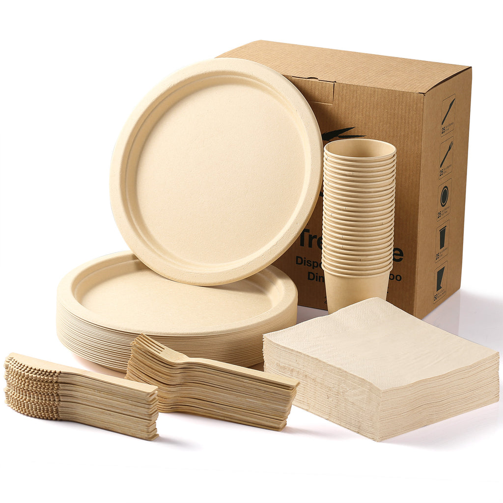 MORGIANA Disposable Tableware Set, Plastic Free Bamboo Plates, Eco