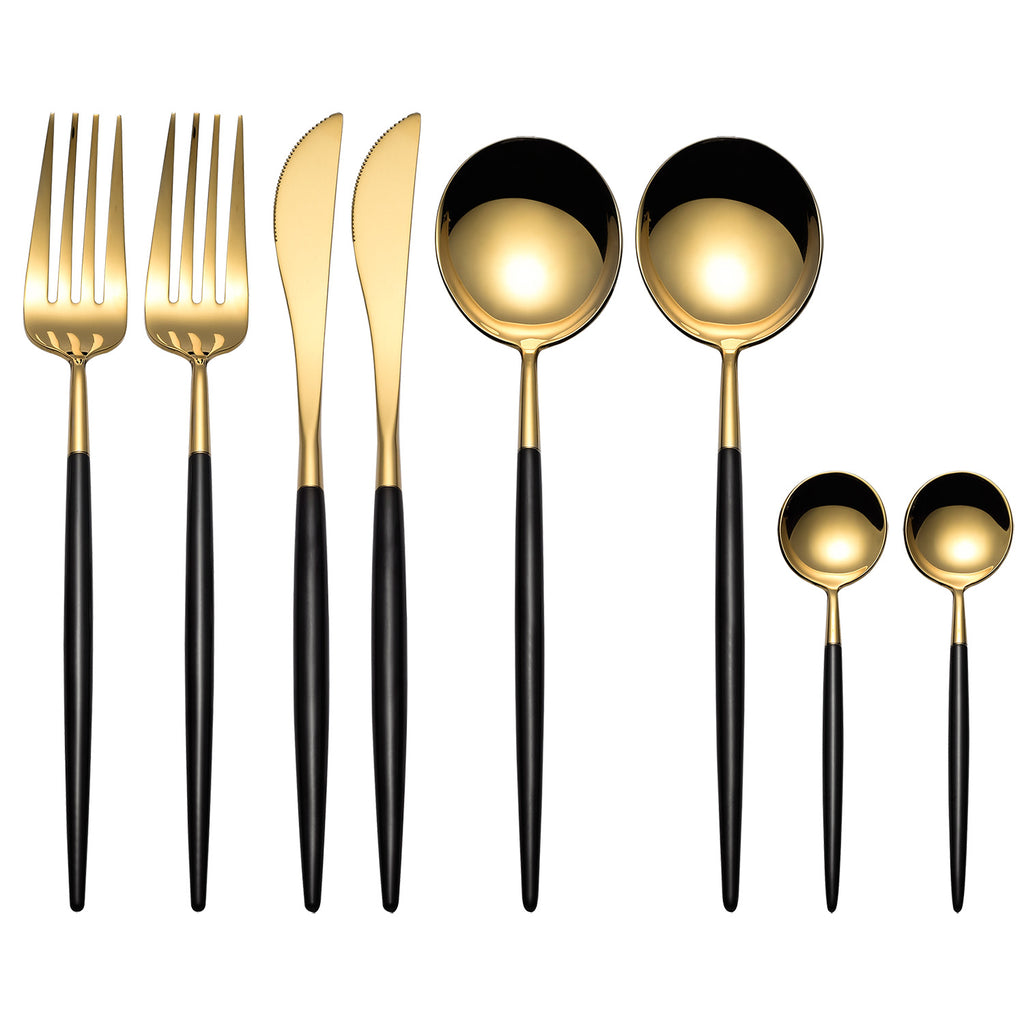 Black and Gold 8 Pieces Flatware Sets Shiny 18/10 Stainless Steel Cutlery Set, Service for 2