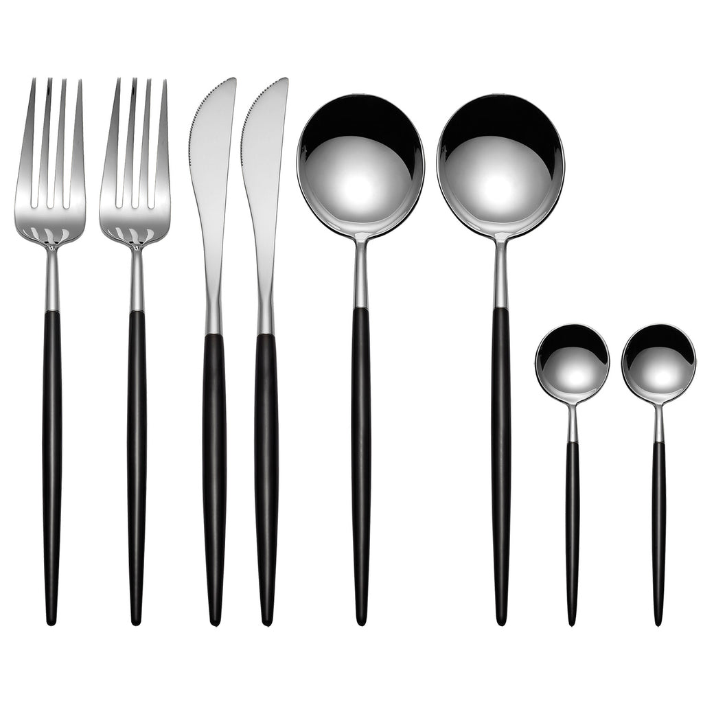 Black and Silver 8 Pieces Flatware Sets Shiny 18/10 Stainless Steel Cutlery Set, Service for 2