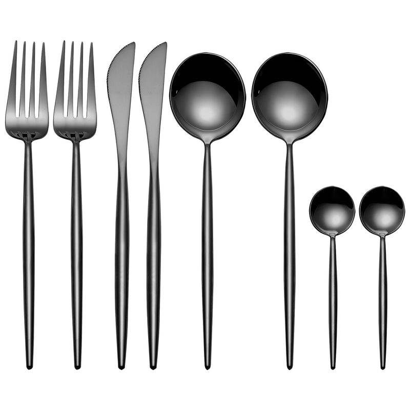 Shiny Pure Black 8 Pieces Flatware Sets 18/10 Stainless Steel Cutlery Set, Service for 2