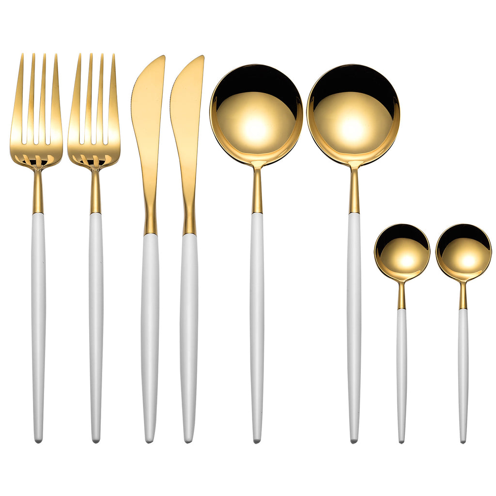 White and Gold 8 Pieces Flatware Sets Shiny 18/10 Stainless Steel Cutlery Set, Service for 2