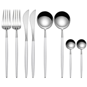 White and Silver 8 Pieces Flatware Sets Shiny 18/10 Stainless Steel Cutlery Set, Service for 2