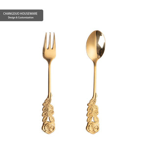 Royal Rose Fork and Spoon Set Golden Spoons Forks Staninless Steel Coffee Stirring Spoons Dessert  Fruit Forks