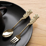 Royal Rose Fork and Spoon Set Golden Spoons Forks Staninless Steel Coffee Stirring Spoons Dessert  Fruit Forks